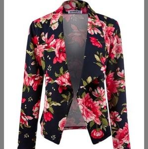 DOUBLEJU xl open front navy floral stretch blazer